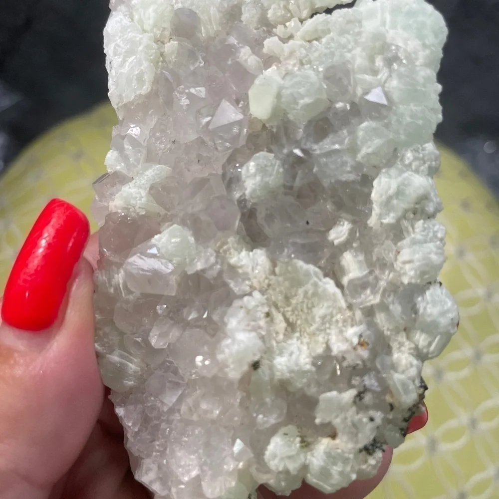 NATURAL CLEAR QUARTZ /DIAMOND QUARTZ COVERED IN PREHNITE 2.5”x2” - Picture 7 of 8